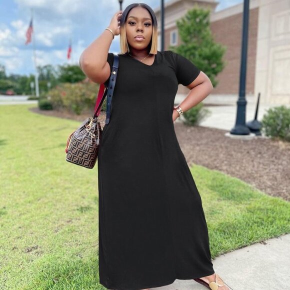 Plus Size Maxi Dress Womens Oversized Short Sleeve V Neck Casual Beach Dress - Picture 2 of 4